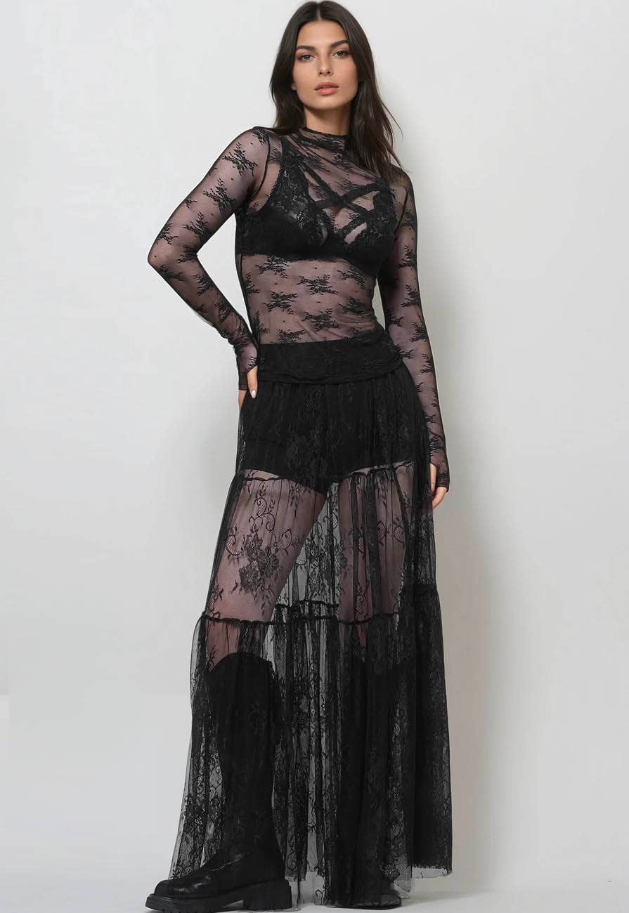 Lux Layering Floral Lace See Through Mesh Top Blouse SKT151: Black / S
