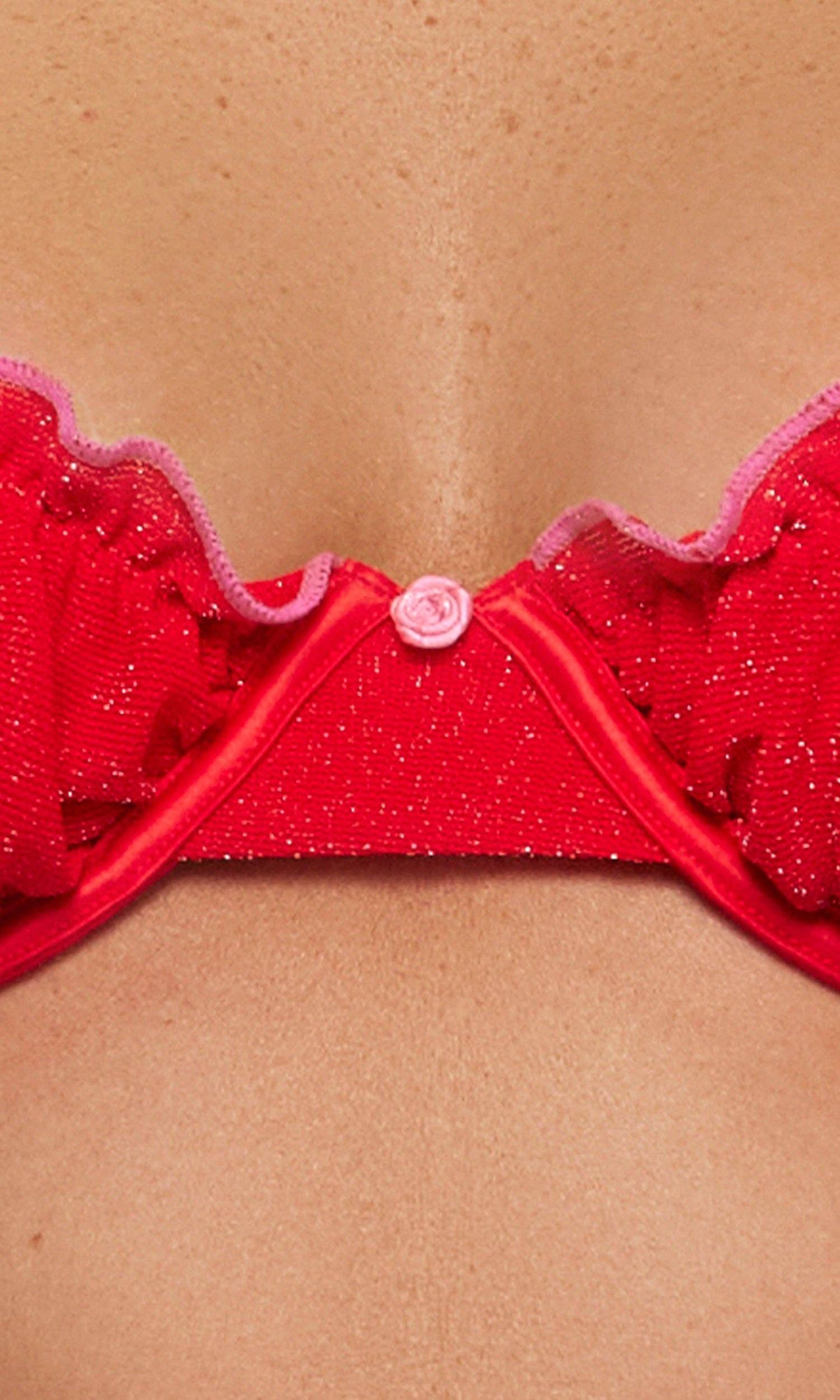 Shimmer Nights Ruched Bra Lingerie Set: Red Pink / M