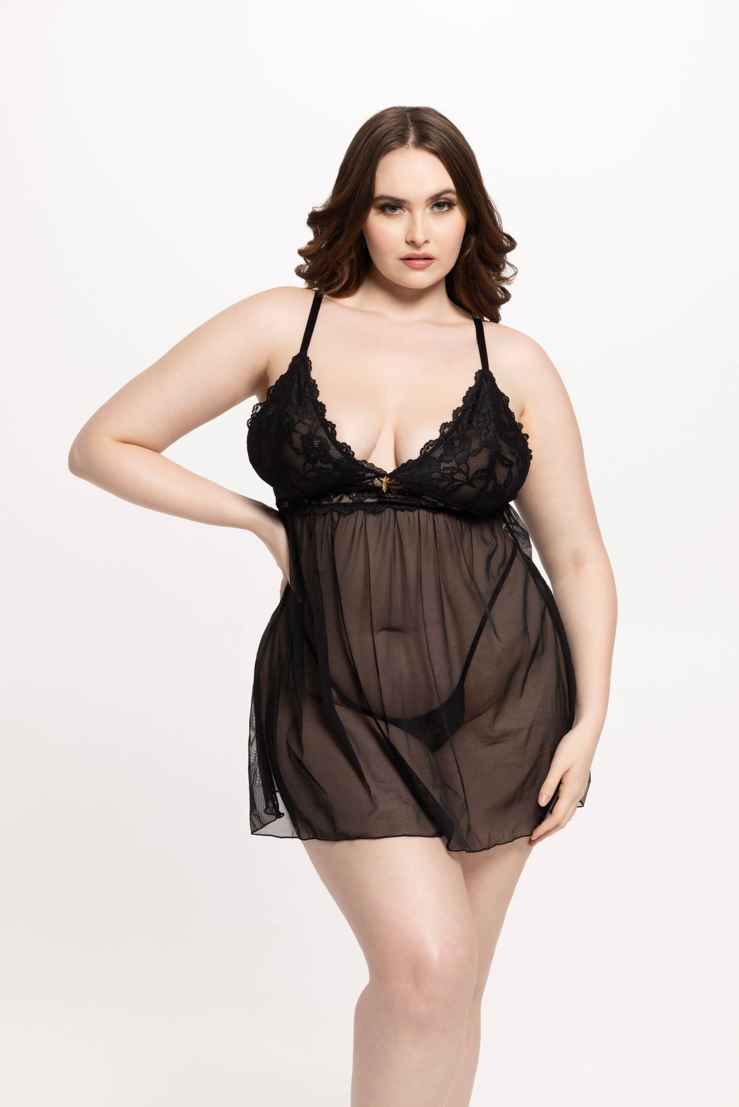 BELLA LACE & MESH BABYDOLL & G-STRING SET: Black / XXL