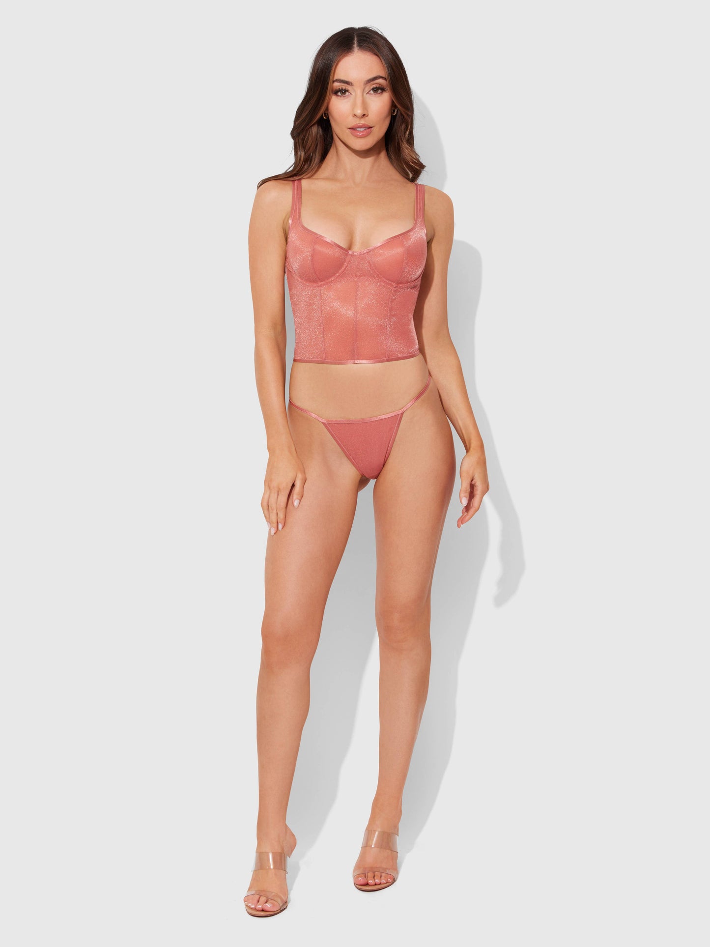 YVONE SHIMMER MESH BUSTIER & G-STRING SET: BRICK DUST / XL
