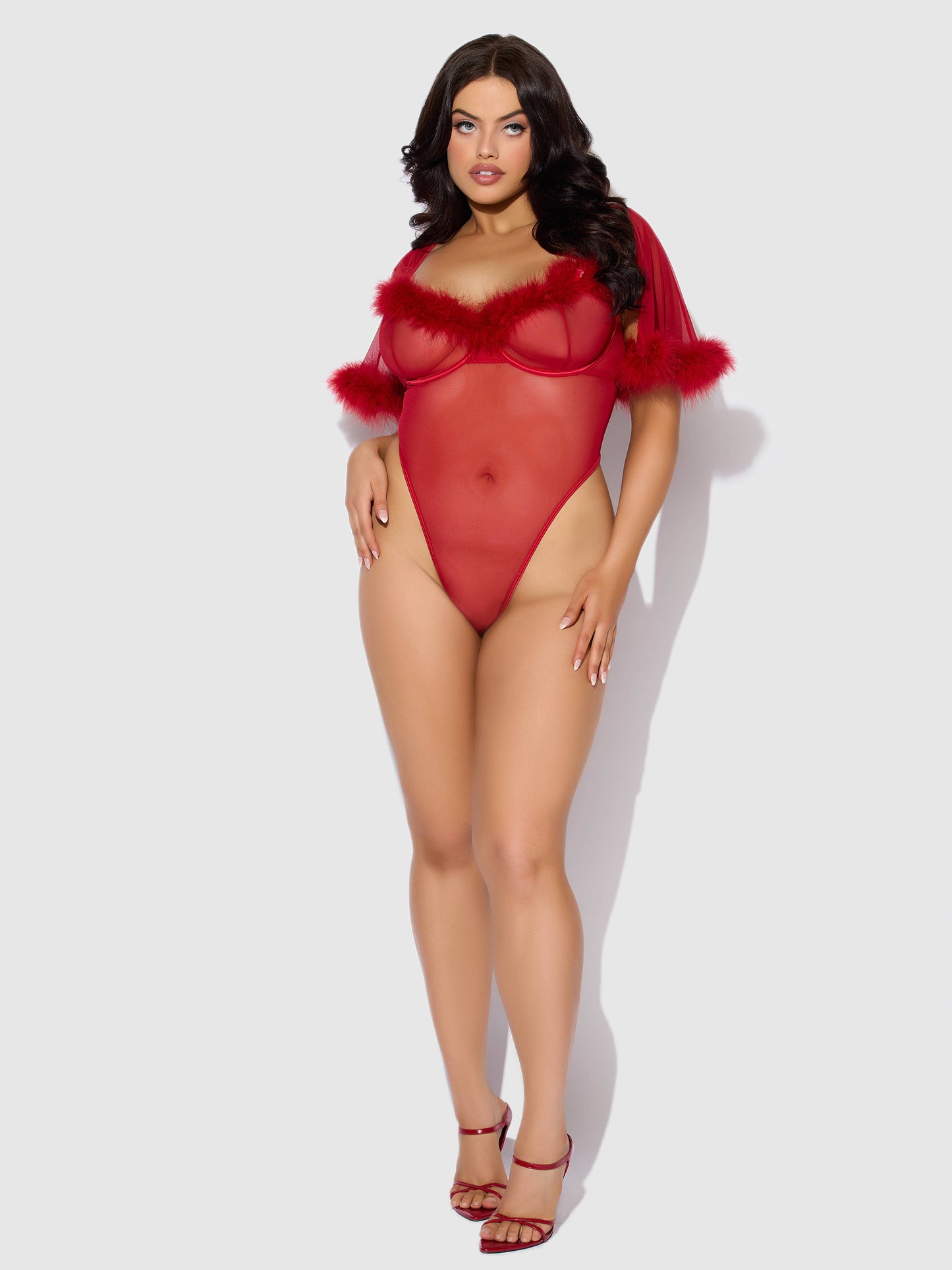 MARILYN FEATHER & MESH BELL-SLEEVED BODYSUIT: CRIMSON RED / 1X/2X