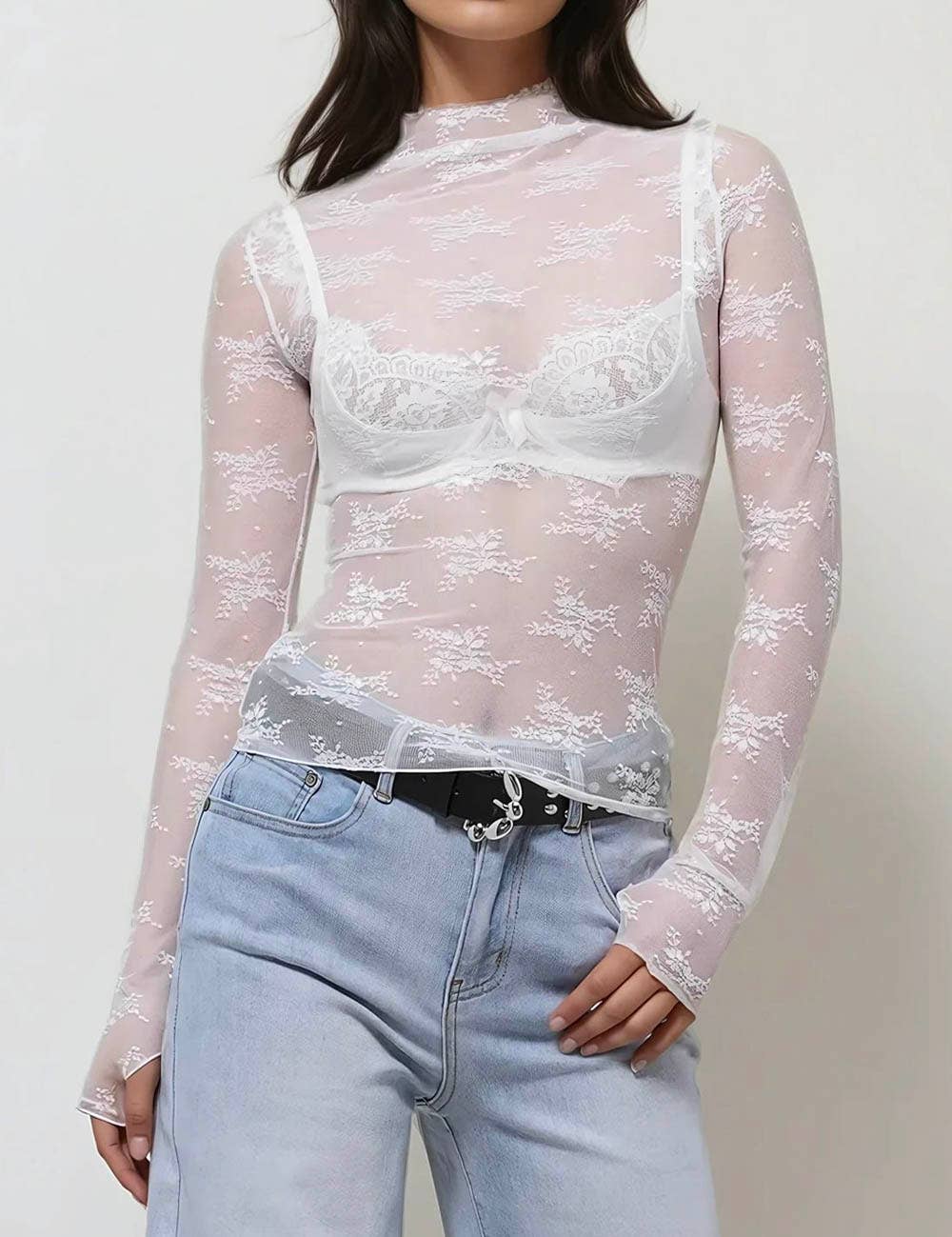 Lux Layering Floral Lace See Through Mesh Top Blouse SKT151: Black / L
