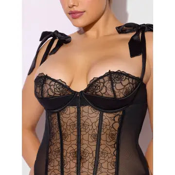 Rosalie Embroidered Lace Teddy/BLACK 1X/2X