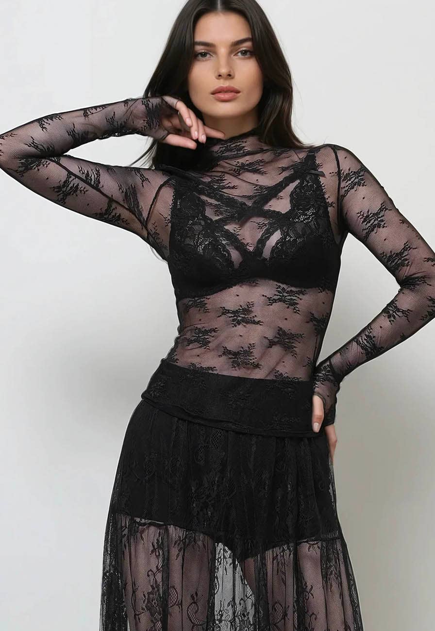 Lux Layering Floral Lace See Through Mesh Top Blouse SKT151: Black / S