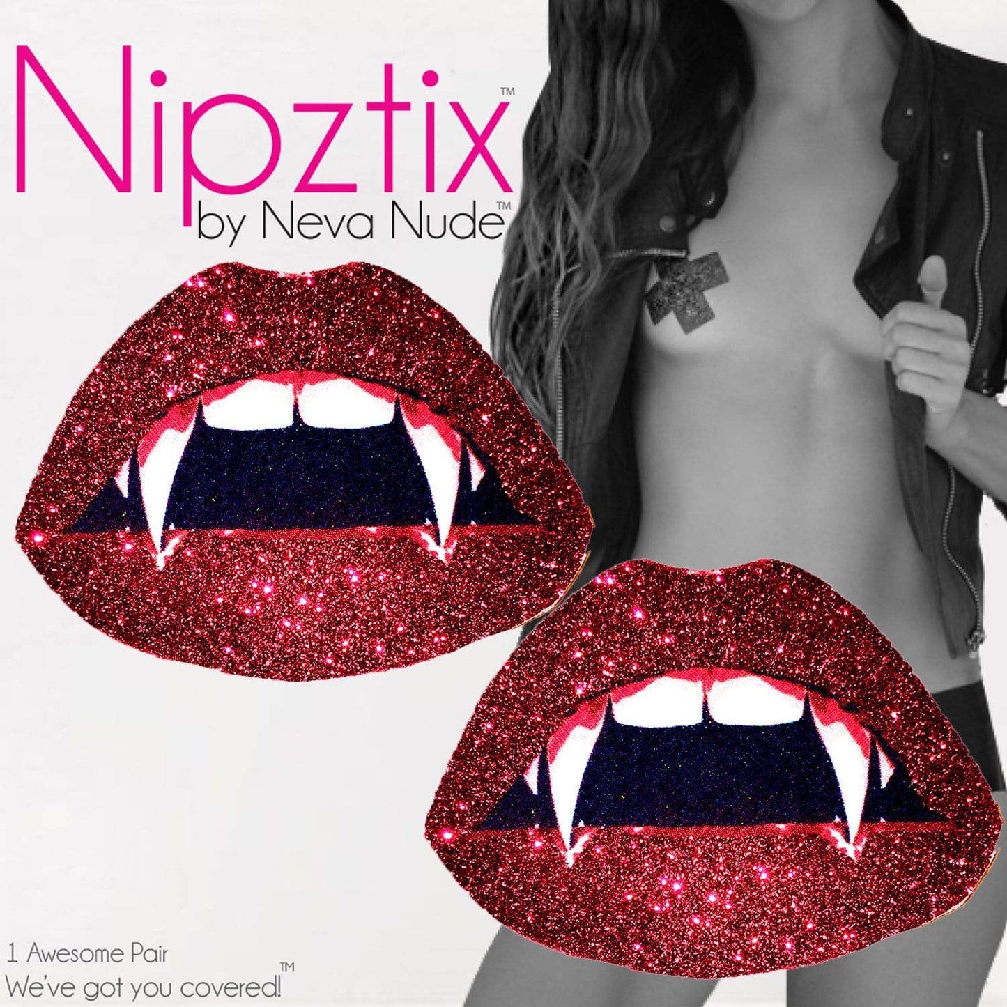 Vampire Fang Red Glitter Lip Blacklight Nipple Cover Pasties: Red / O/S
