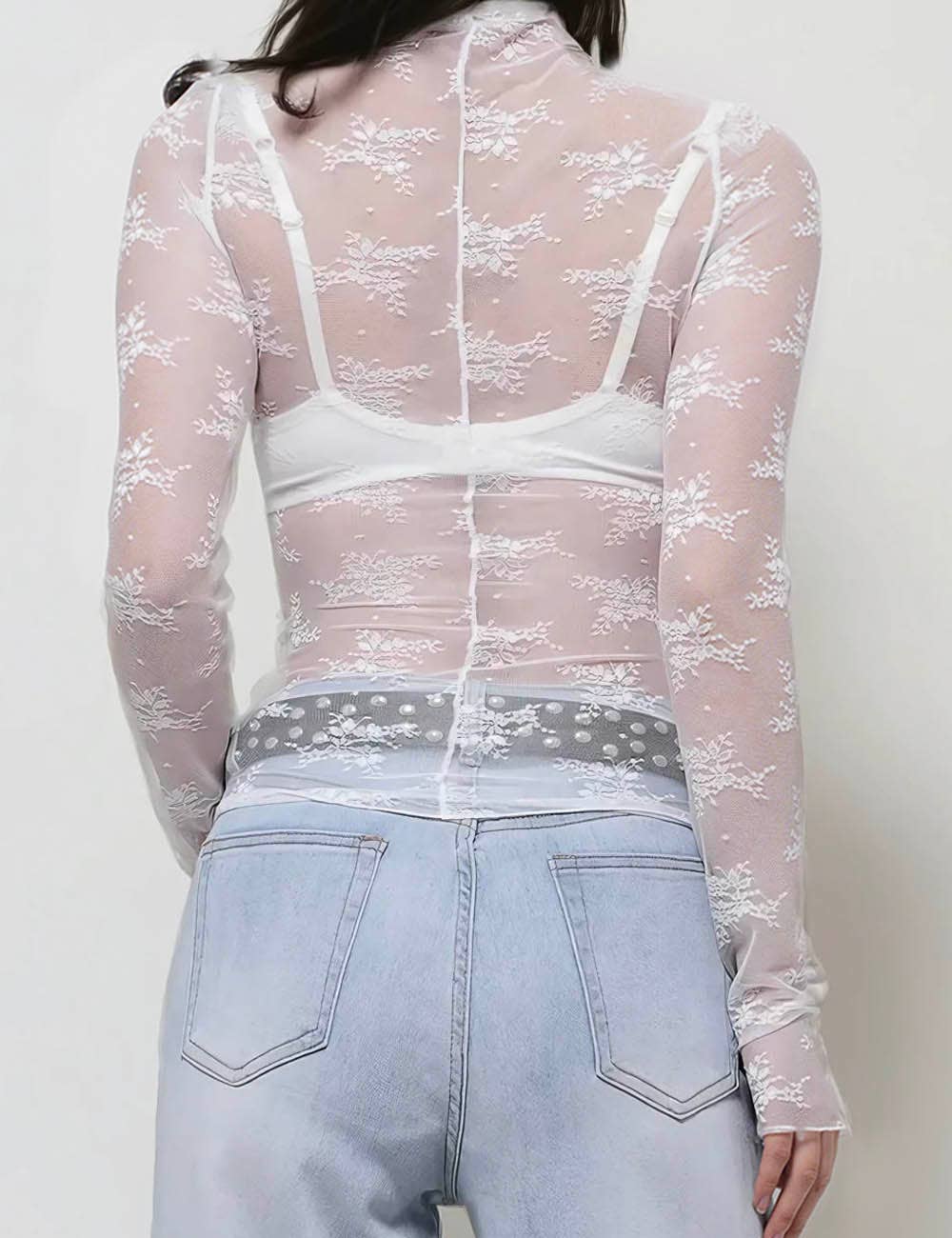 Lux Layering Floral Lace See Through Mesh Top Blouse SKT151: Black / L