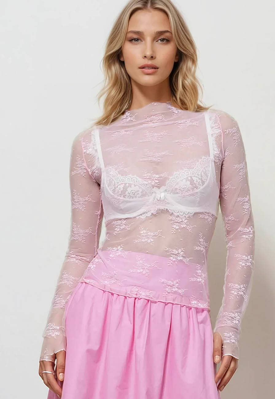 Lux Layering Floral Lace See Through Mesh Top Blouse SKT151: Black / S
