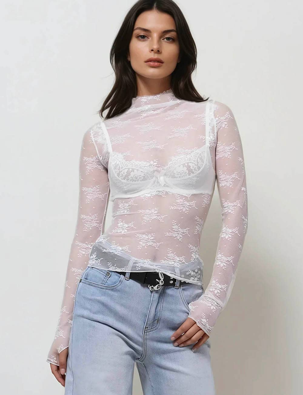 Lux Layering Floral Lace See Through Mesh Top Blouse SKT151: Black / L