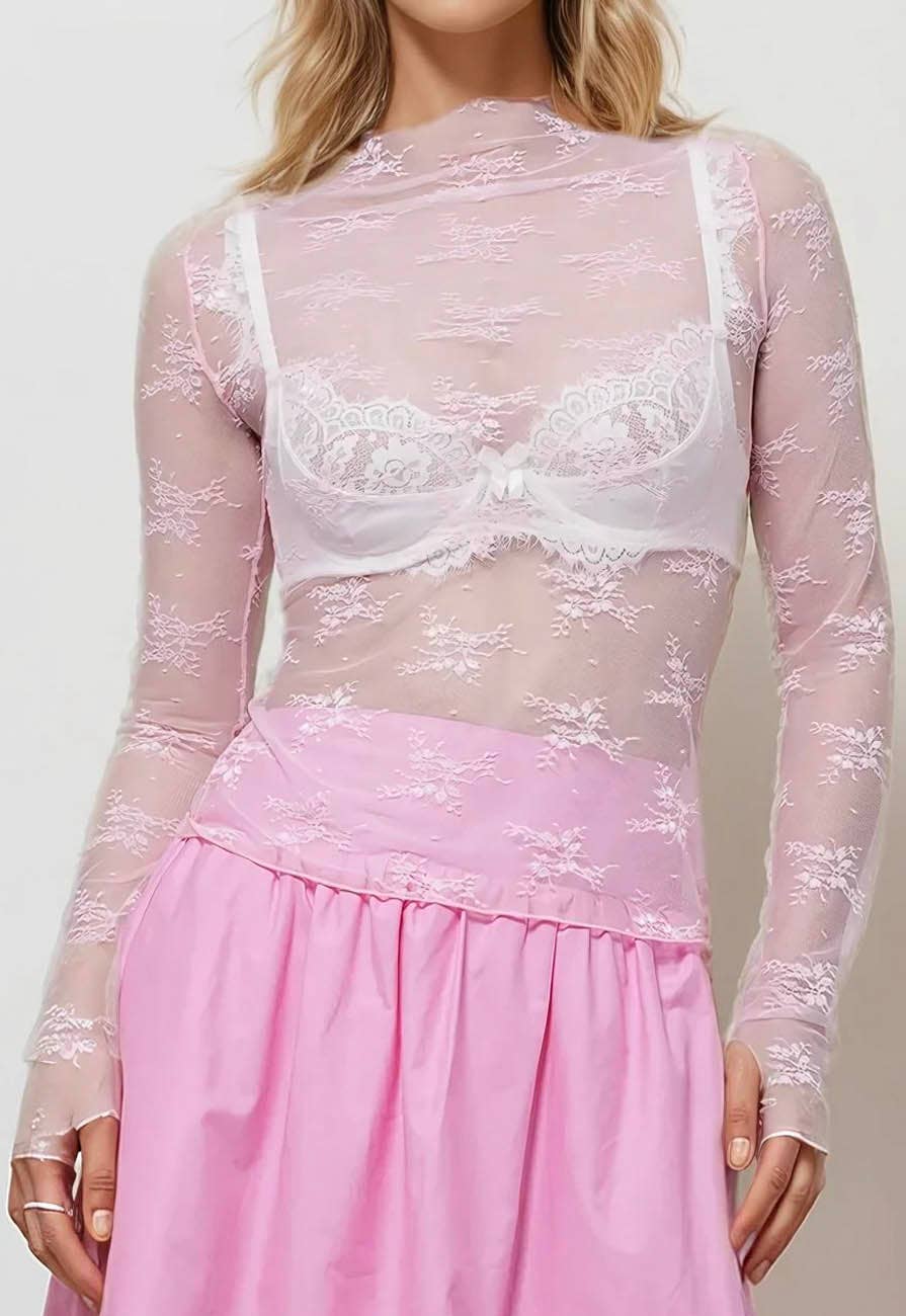 Lux Layering Floral Lace See Through Mesh Top Blouse SKT151: Black / L