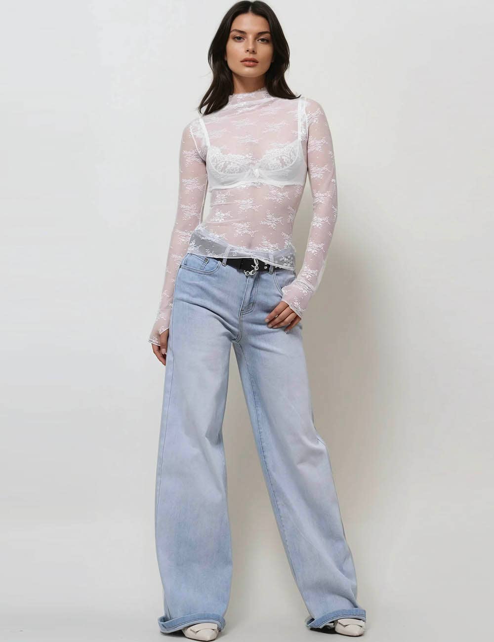 Lux Layering Floral Lace See Through Mesh Top Blouse SKT151: Black / L