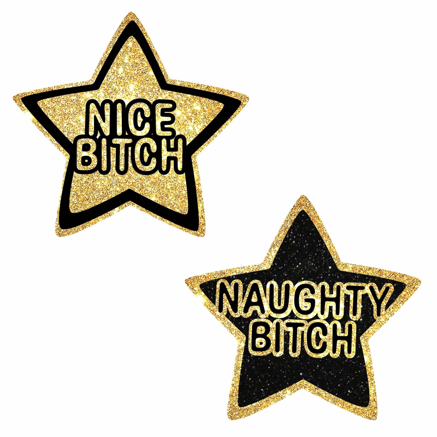 Nice Bitch Naughty Bitch Glitter Star Nipple Cover Pasties: Gold/Black / O/S