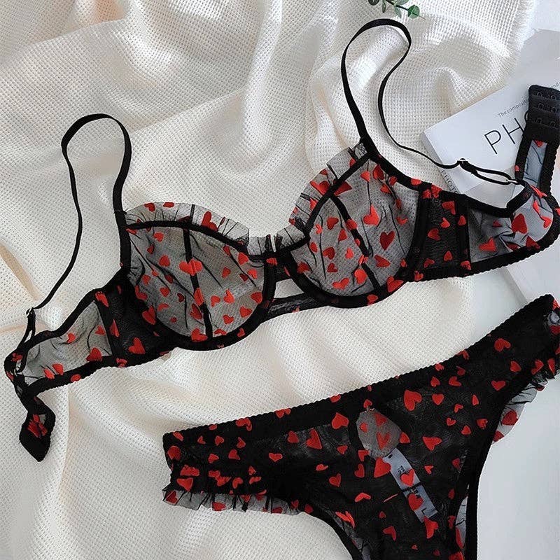 Ladies Heart Embroidery See Through 2PCS Lingerie Set SKLG4065: Pink / XL