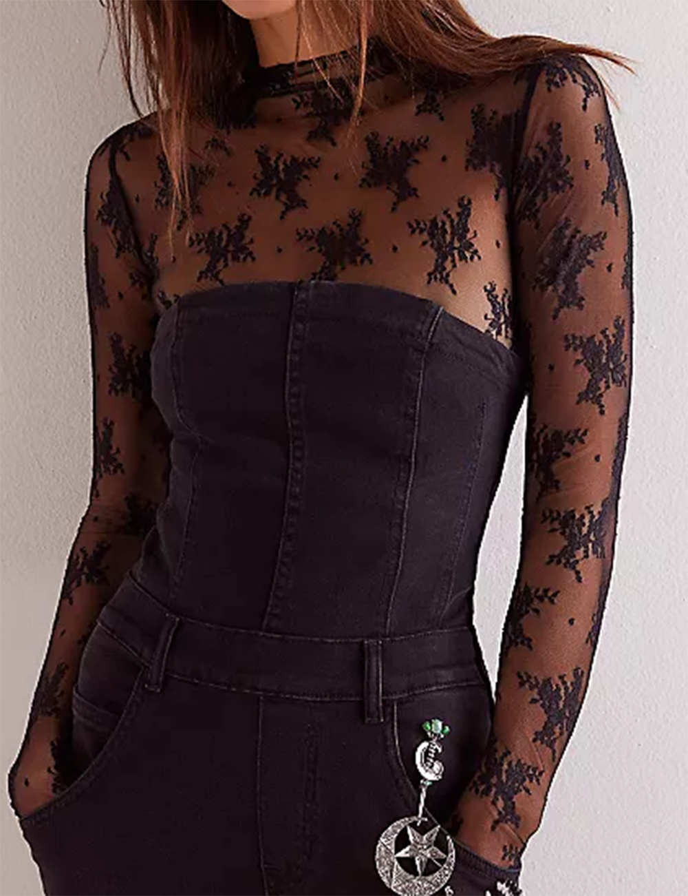 Lux Layering Floral Lace See Through Mesh Top Blouse SKT151: Black / L