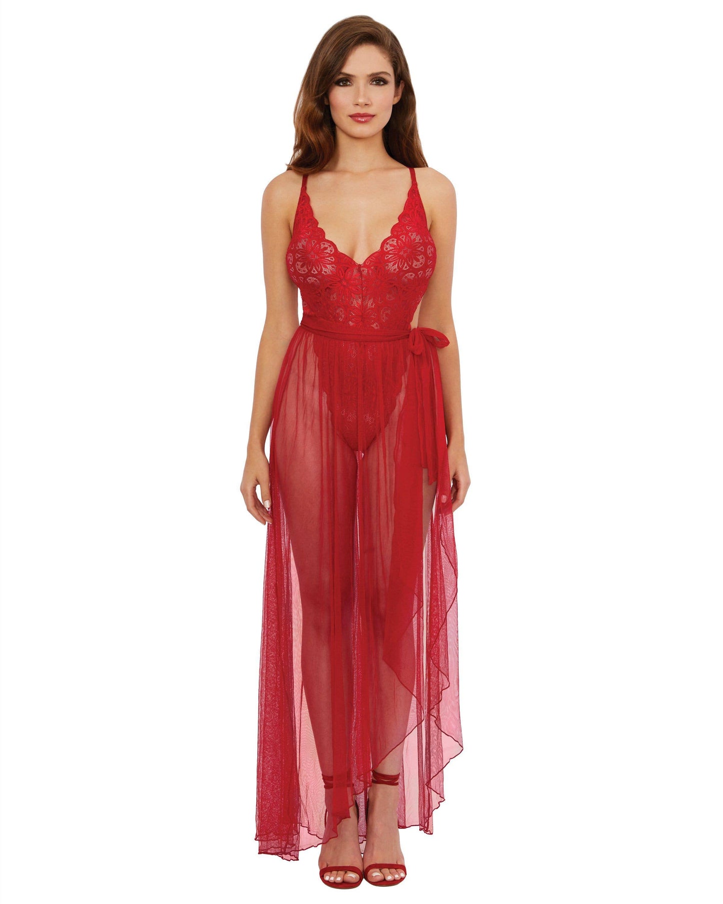 Mosaic Lace Teddy & Sheer Skirt: Rouge / M