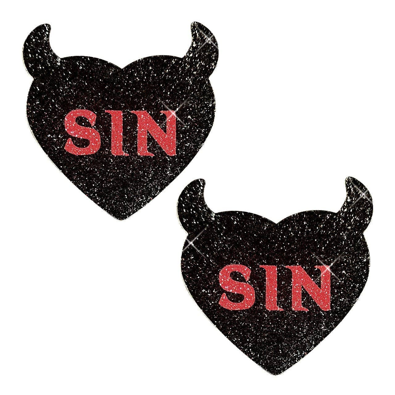Sin City Black Devil Glitter Heart Nipple Cover Pasties: Red/Black