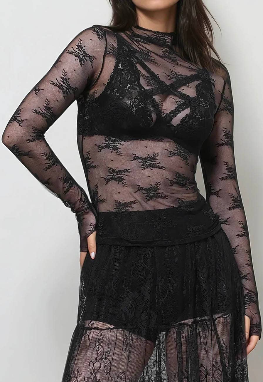 Lux Layering Floral Lace See Through Mesh Top Blouse SKT151: Black / M