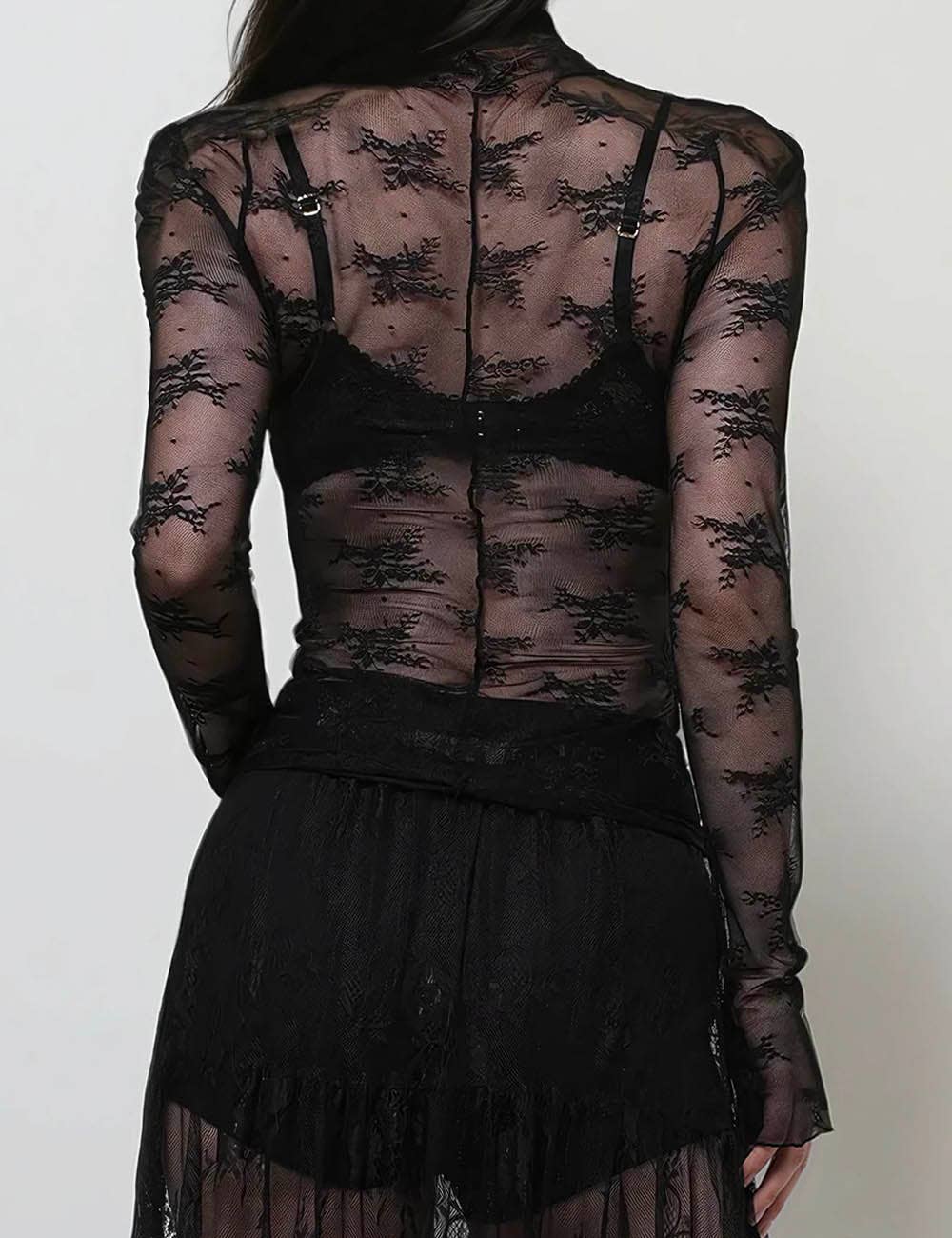 Lux Layering Floral Lace See Through Mesh Top Blouse SKT151: Black / L