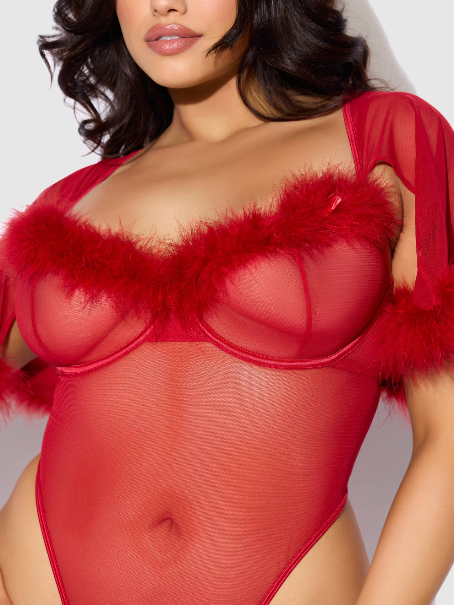 MARILYN FEATHER & MESH BELL-SLEEVED BODYSUIT: CRIMSON RED / L