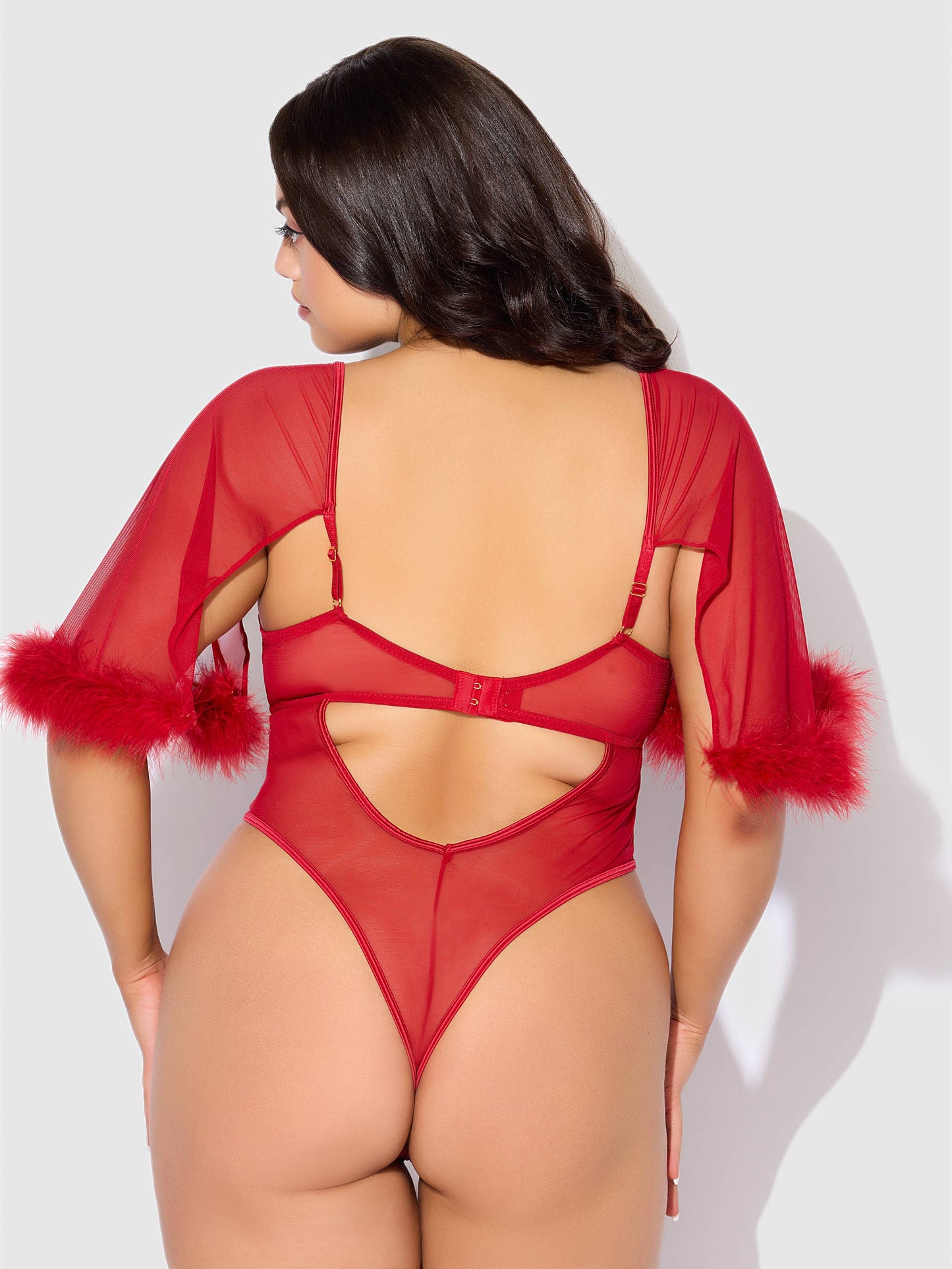 MARILYN FEATHER & MESH BELL-SLEEVED BODYSUIT: CRIMSON RED / 1X/2X