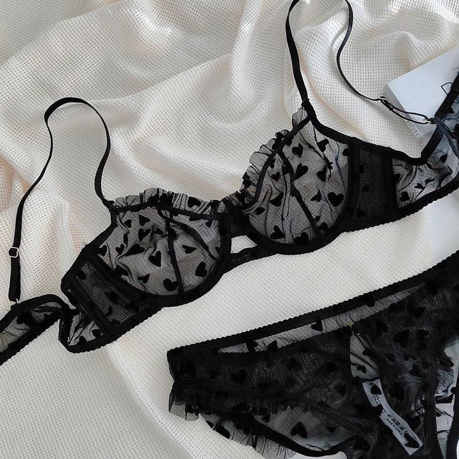 Ladies Heart Embroidery See Through 2PCS Lingerie Set SKLG4065: Pink / XL
