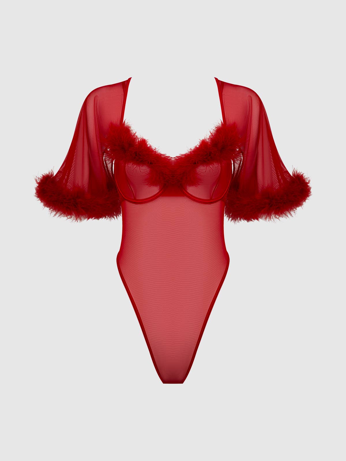 MARILYN FEATHER & MESH BELL-SLEEVED BODYSUIT: CRIMSON RED / L