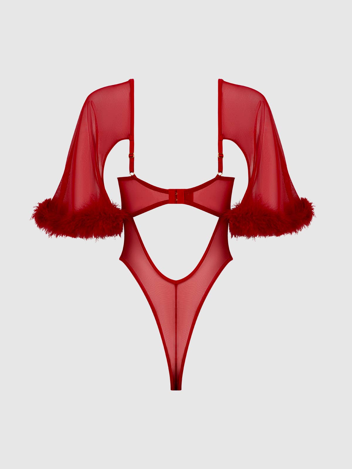 MARILYN FEATHER & MESH BELL-SLEEVED BODYSUIT: CRIMSON RED / M