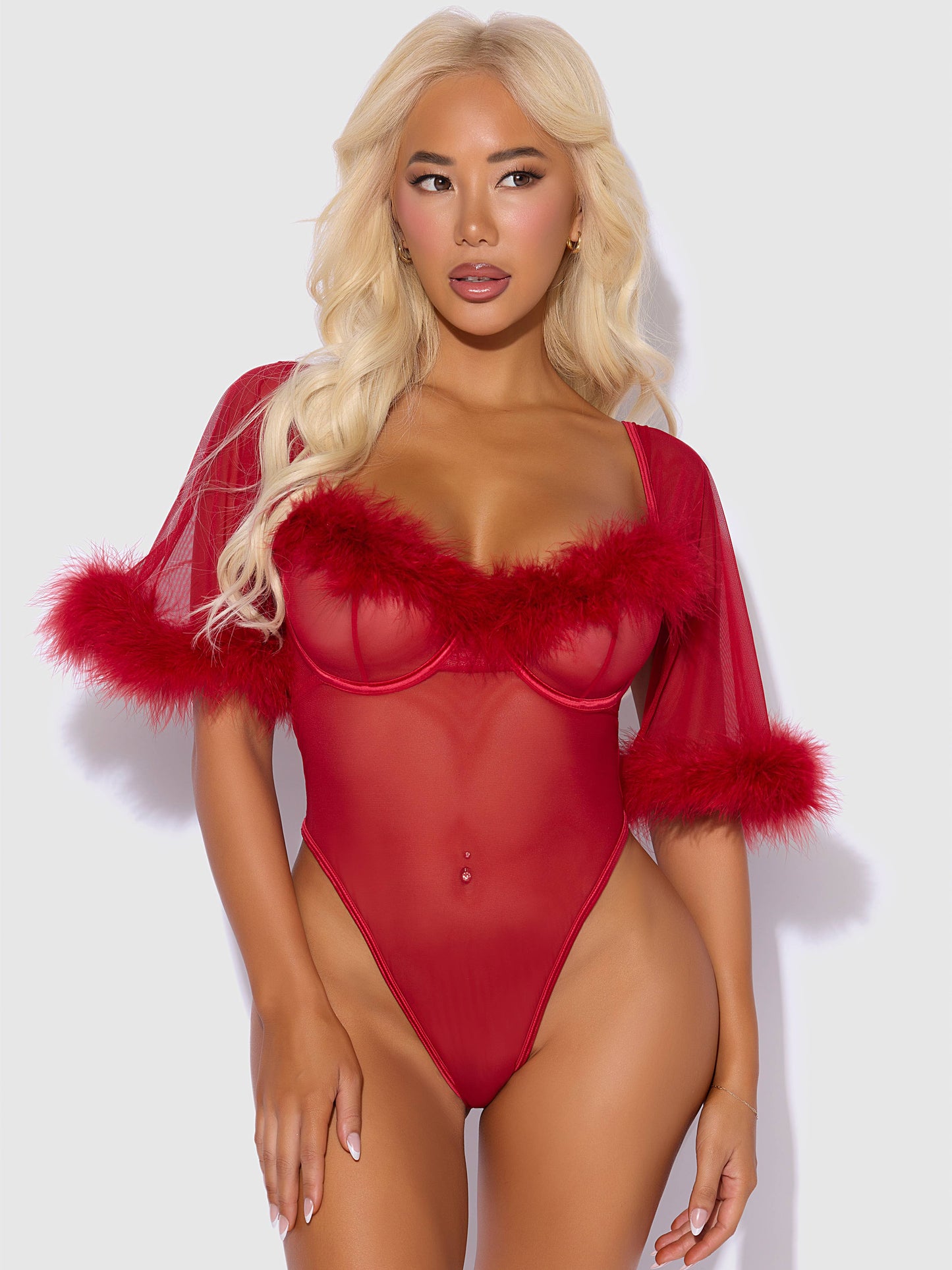 MARILYN FEATHER & MESH BELL-SLEEVED BODYSUIT: CRIMSON RED / L