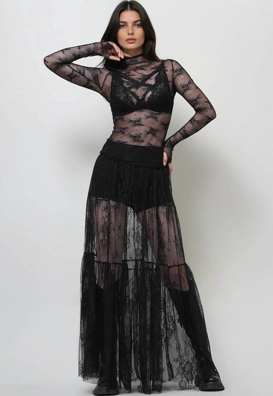 Lux Layering Floral Lace See Through Mesh Top Blouse SKT151: Black / S