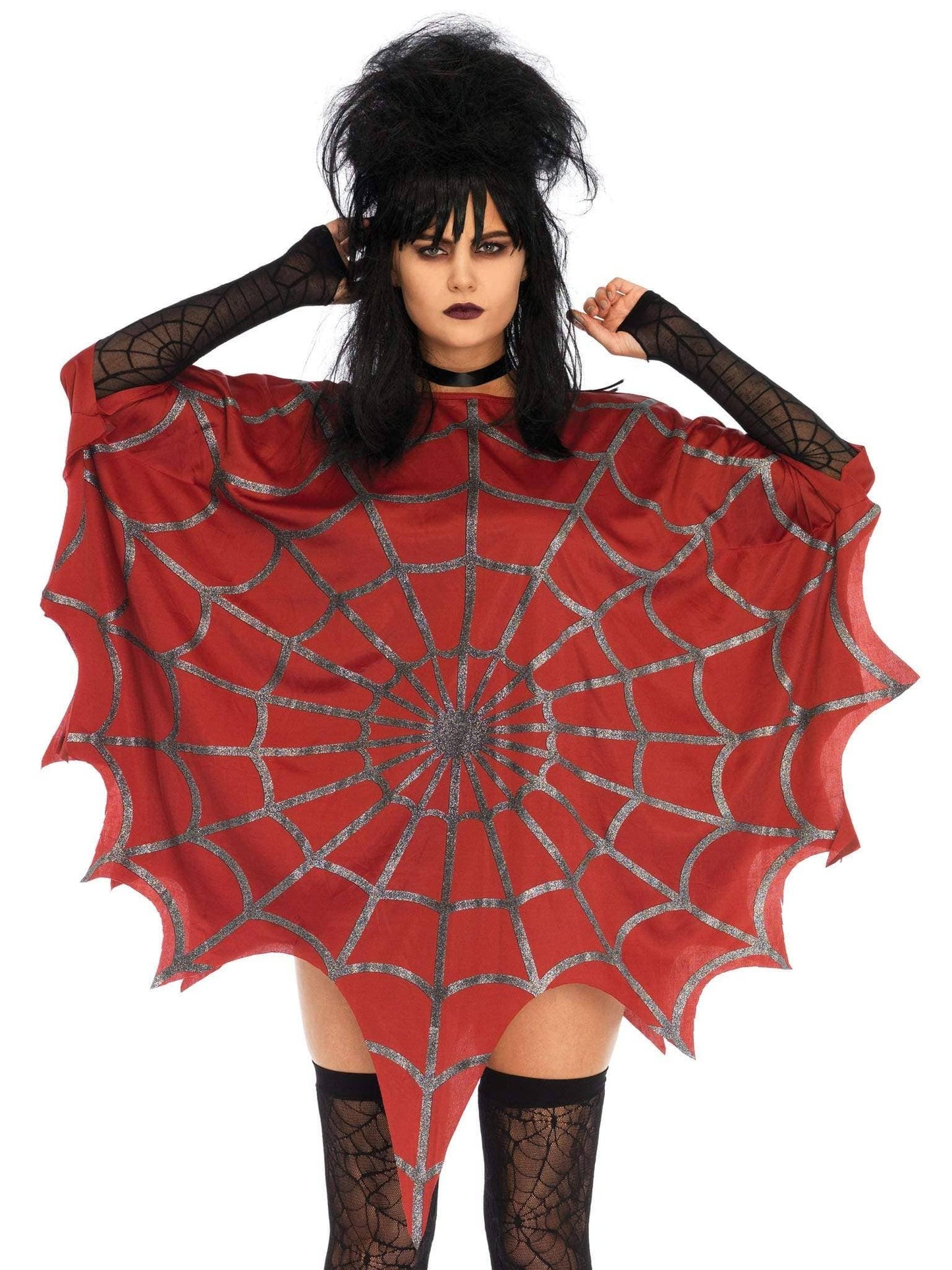 Gothic Glitter Spider Web Costume Poncho: Red / One Size