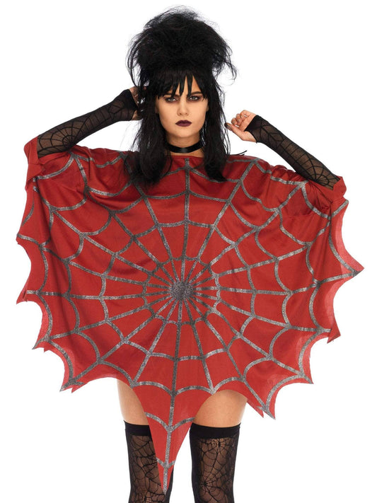 Gothic Glitter Spider Web Costume Poncho: Red / One Size