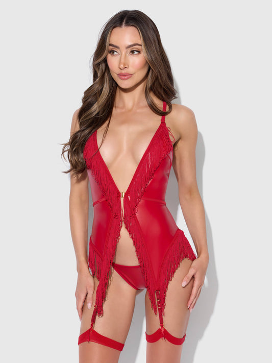 PHOENIX FAUX LEATHER & FRINGE CHEMISE & G-STRING SET