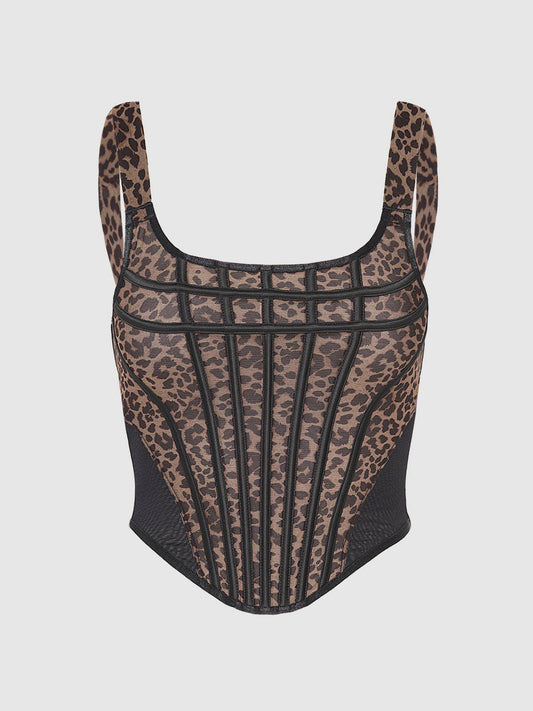 CHANTAL MESH BUSTIER & G-STRING SET: LEOPARD / 3X/4X