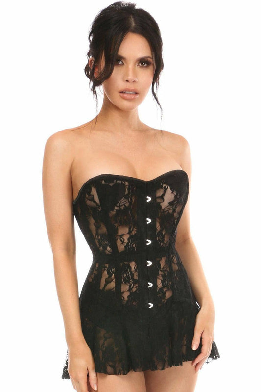 Lavish Black Sheer Lace Corset Dress: Large