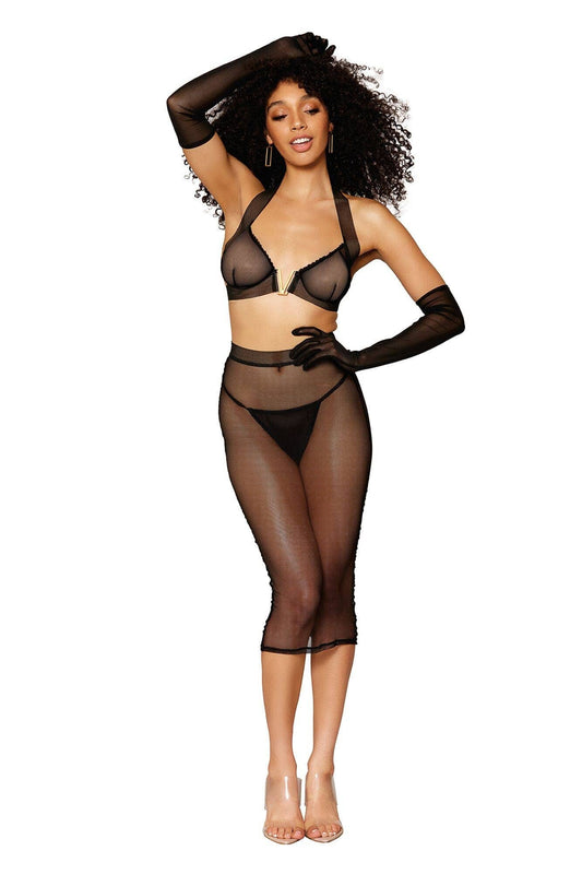 Stretch fishnet bra and slip skirt set: Black / L
