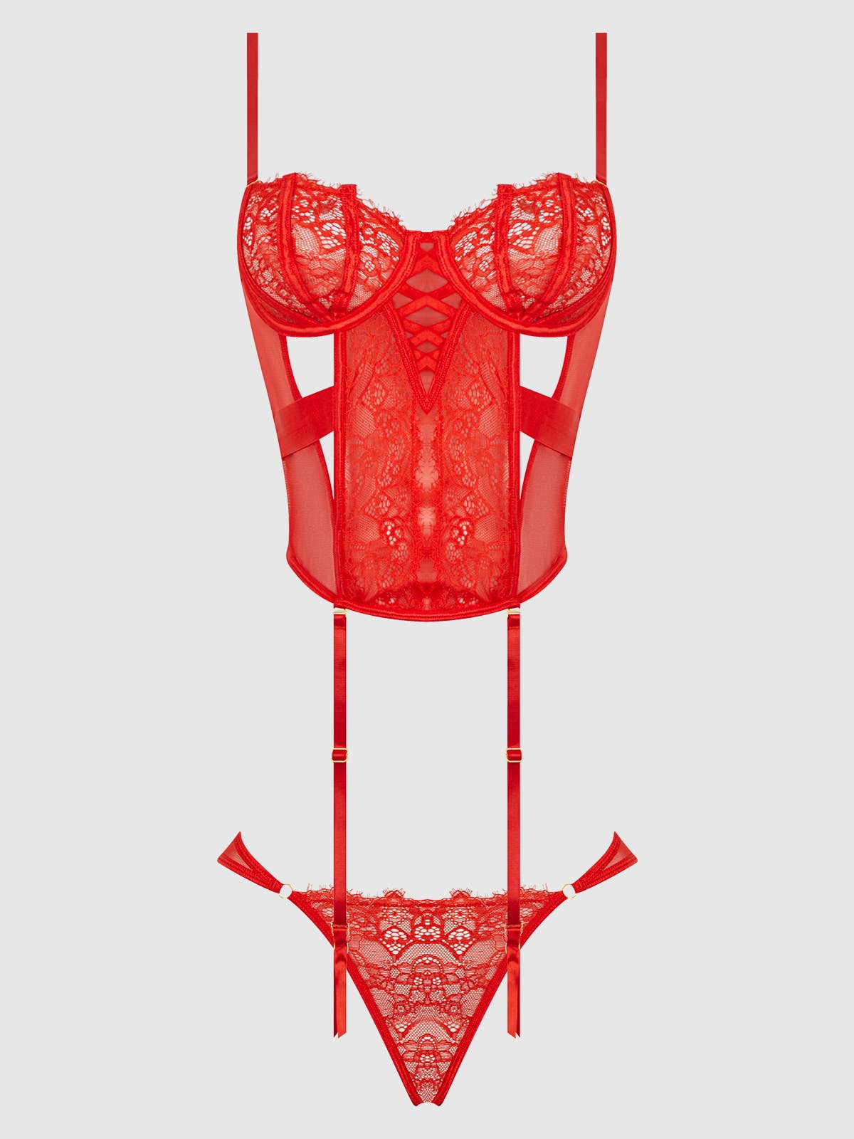 NADIA LACE & MESH CORSET & BACKLESS HIPSTER SET: GRENADINE / 1X/2X