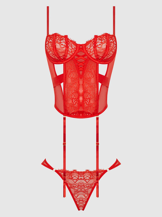 NADIA LACE & MESH CORSET & BACKLESS HIPSTER SET: GRENADINE / 1X/2X