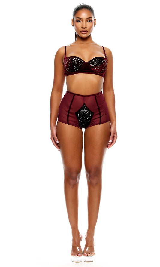 Caught Your Eye Velvet Rhinestone Bra and Briefs Lingerie Set - Wine: Wine / L