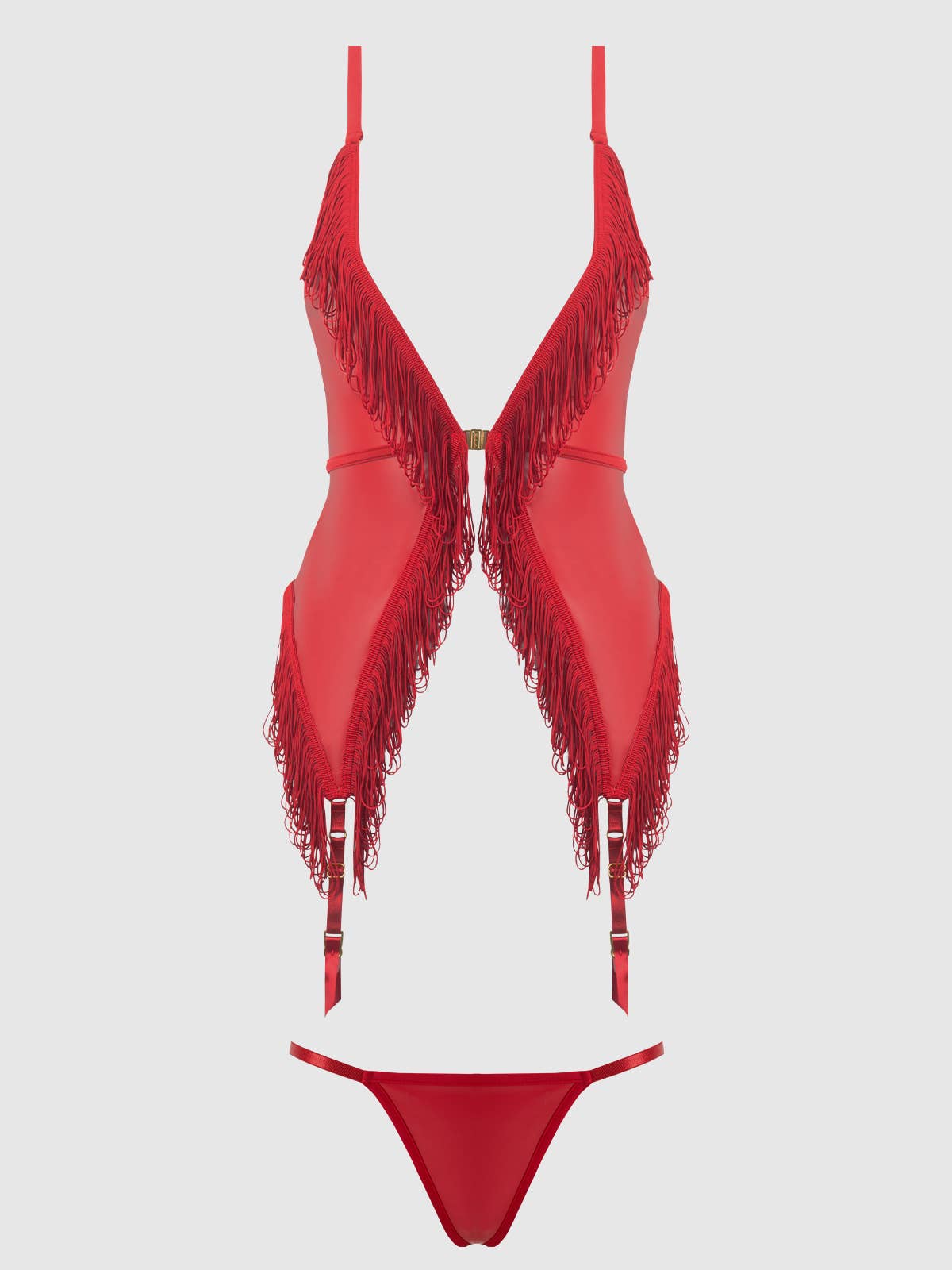 PHOENIX FAUX LEATHER & FRINGE CHEMISE & G-STRING SET: Crimson Red / 1X/2X