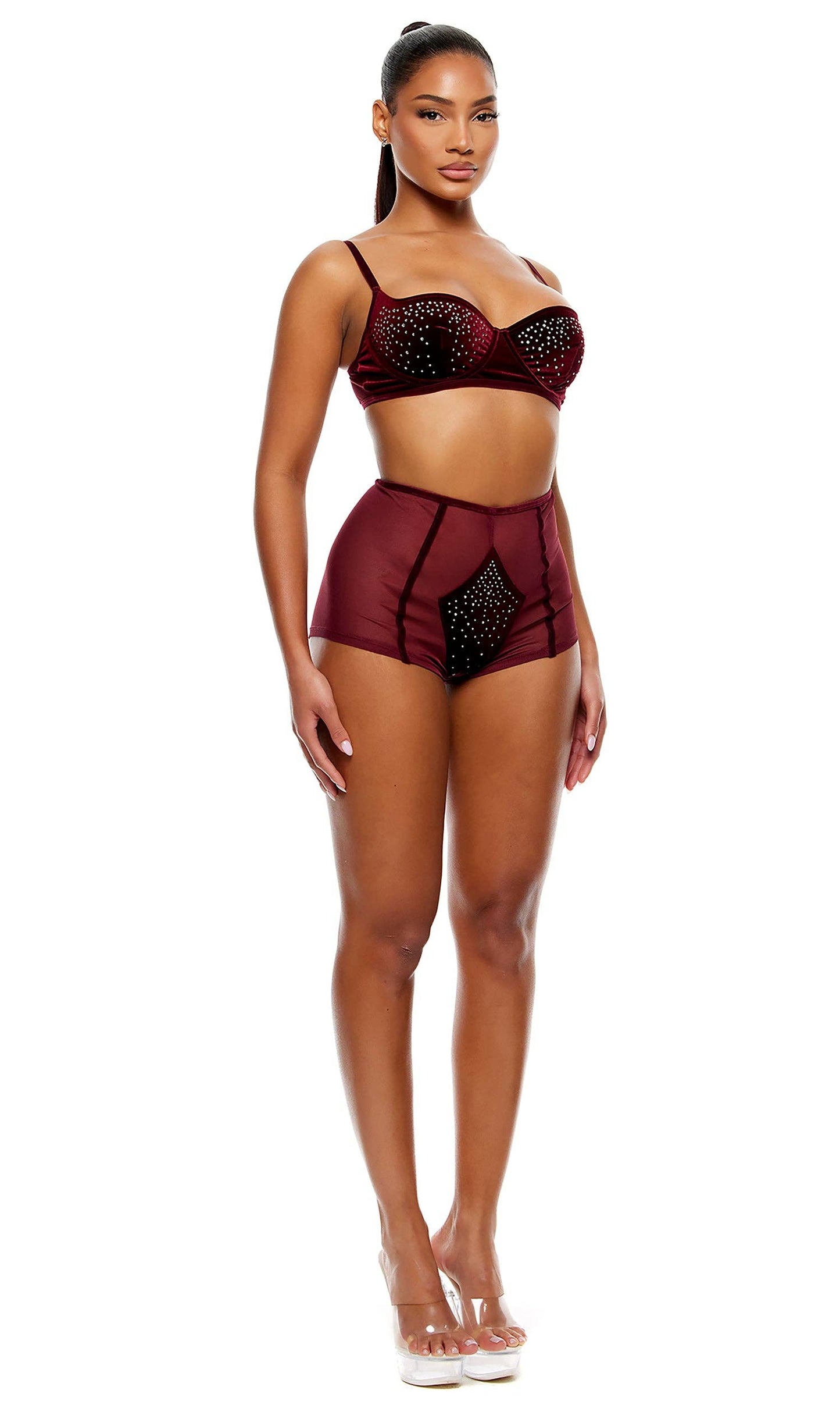 Caught Your Eye Velvet Rhinestone Bra and Briefs Lingerie Set - Wine: Wine / L