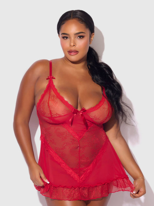 KIKI LACE BABYDOLL & G-STRING SET: CRIMSON RED / XL
