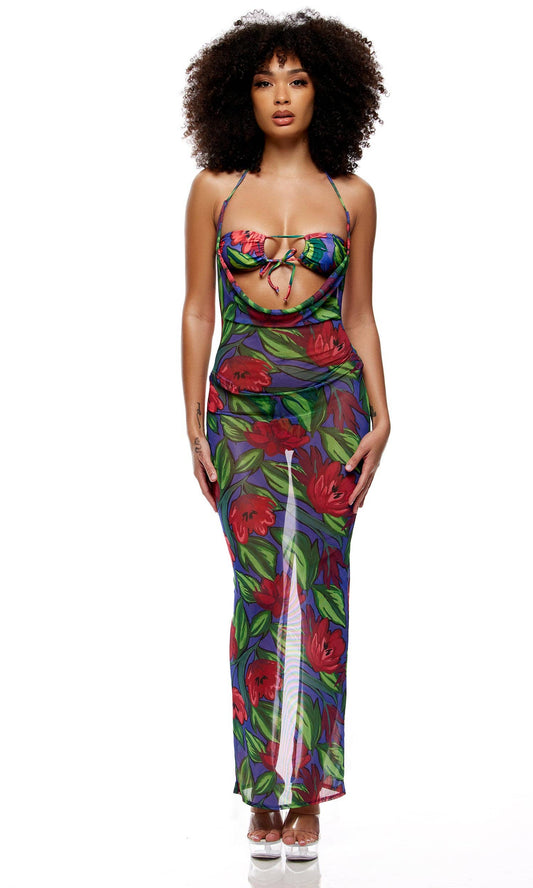 Amalfi Mesh Pool Maxi Dress - Painted Flora: Painted Flora / L