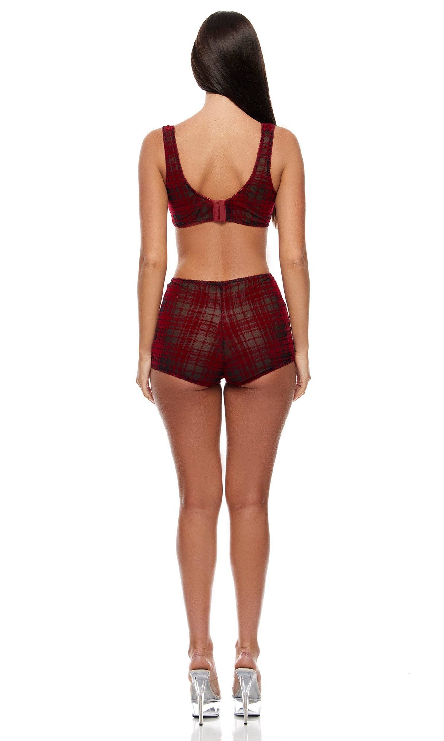 Velvet Vibes Plaid Mesh Bralette and Briefs Lingerie Set