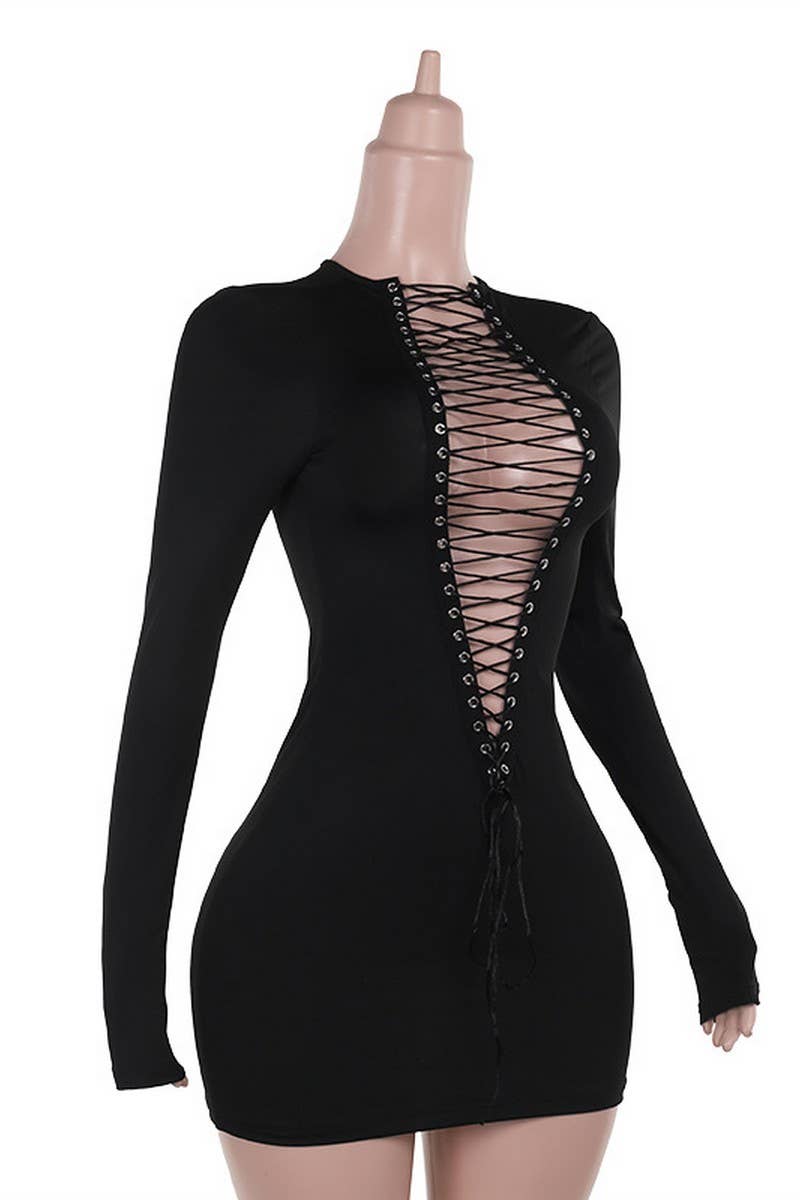 Laced up front lace mini dress