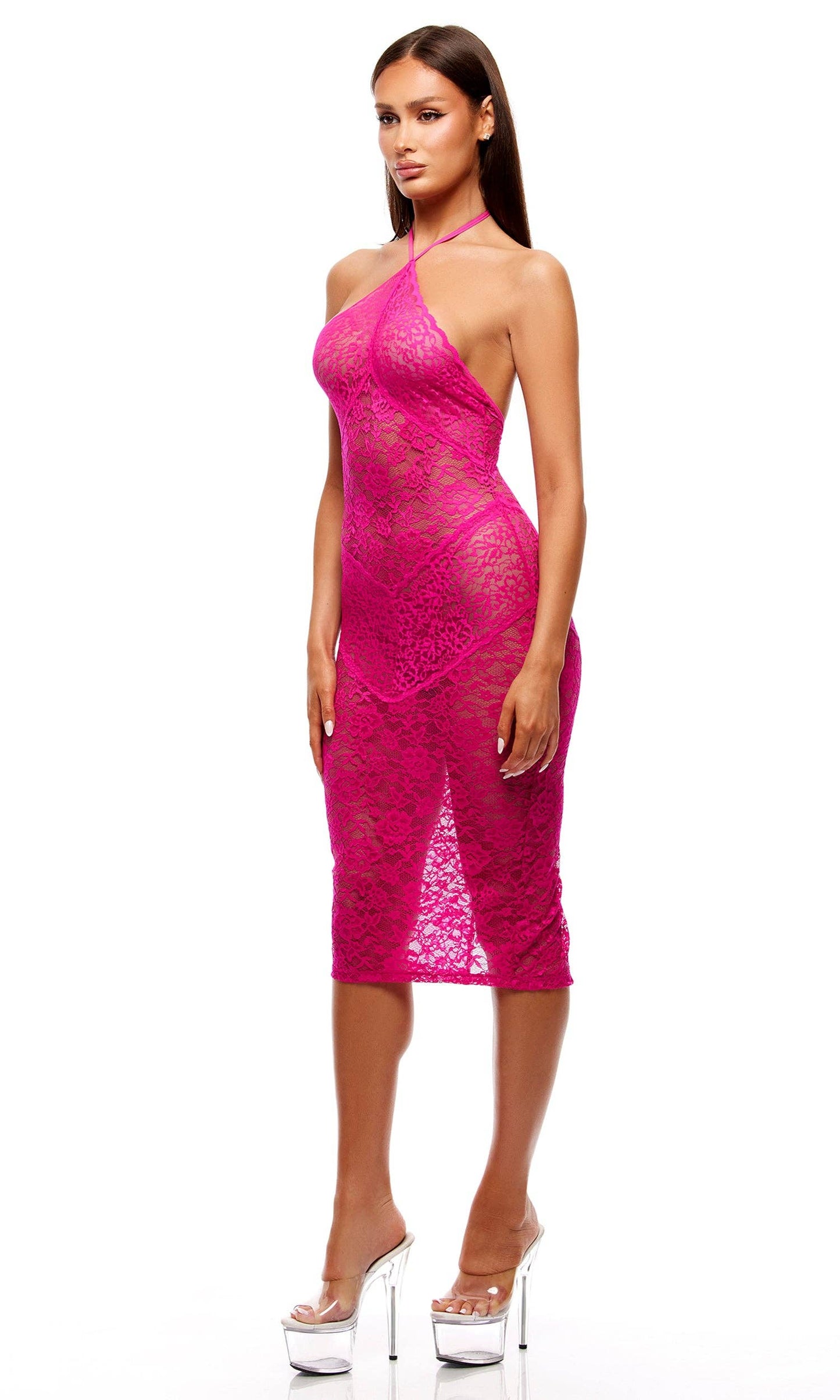 Close Contact 2-Piece Stretch Lace Midi Dress Set - Fuchsia: Fuchsia / S