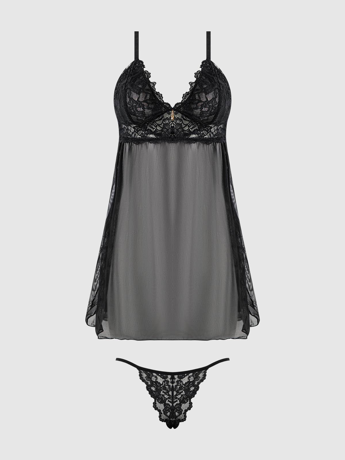 BELLA LACE & MESH BABYDOLL & G-STRING SET: Black / XXL