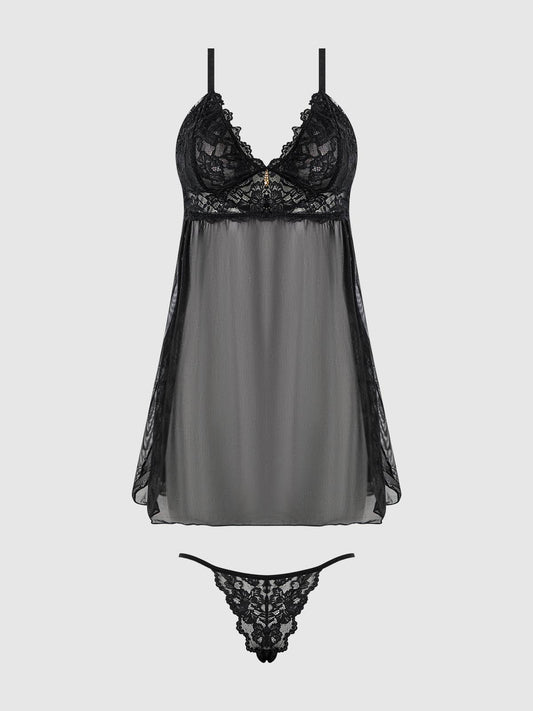 BELLA LACE & MESH BABYDOLL & G-STRING SET: Black / M