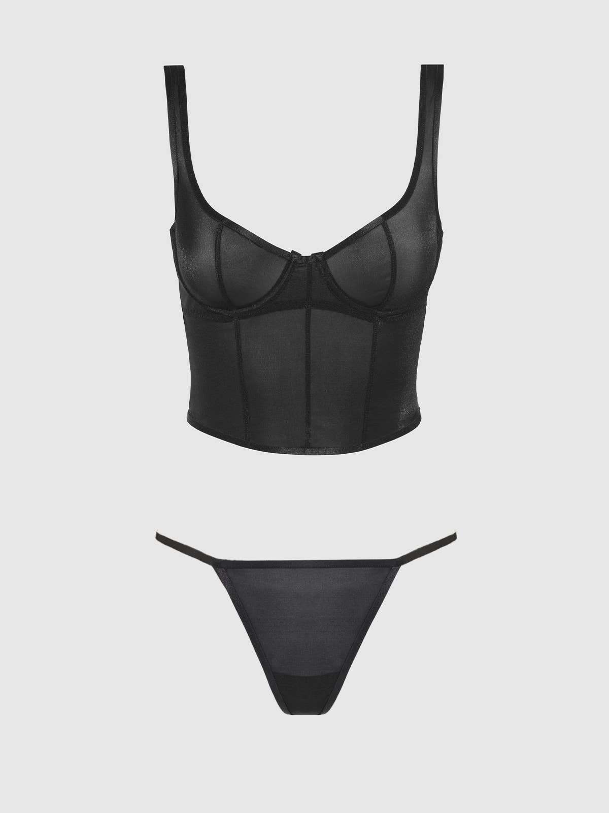 YVONE SHIMMER MESH BUSTIER & G-STRING SET: Silver / XL
