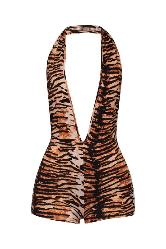 Low rise deep halter neck romper: TIGER / S