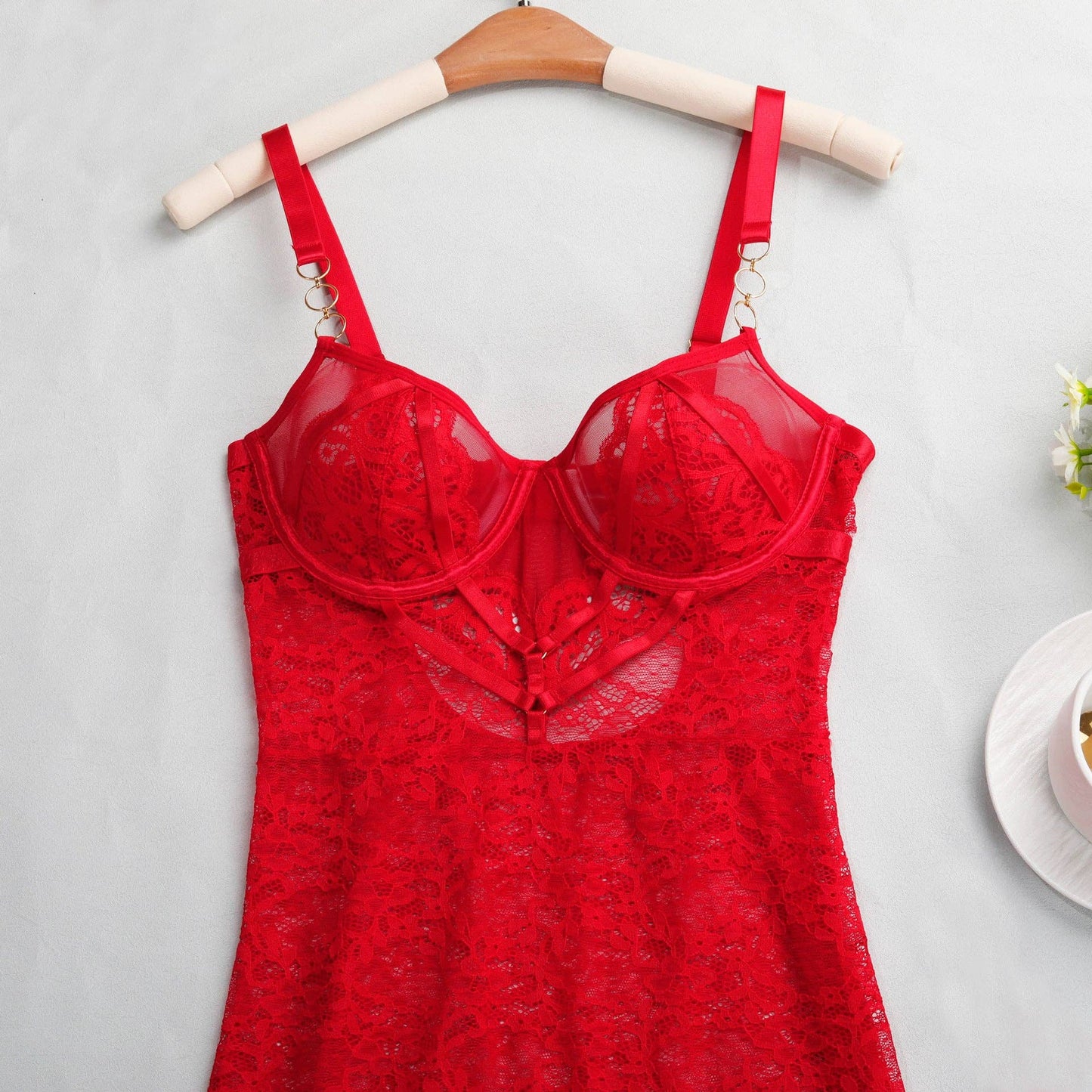 Lucky Floral Lace Side Split Lingerie Chemise Set