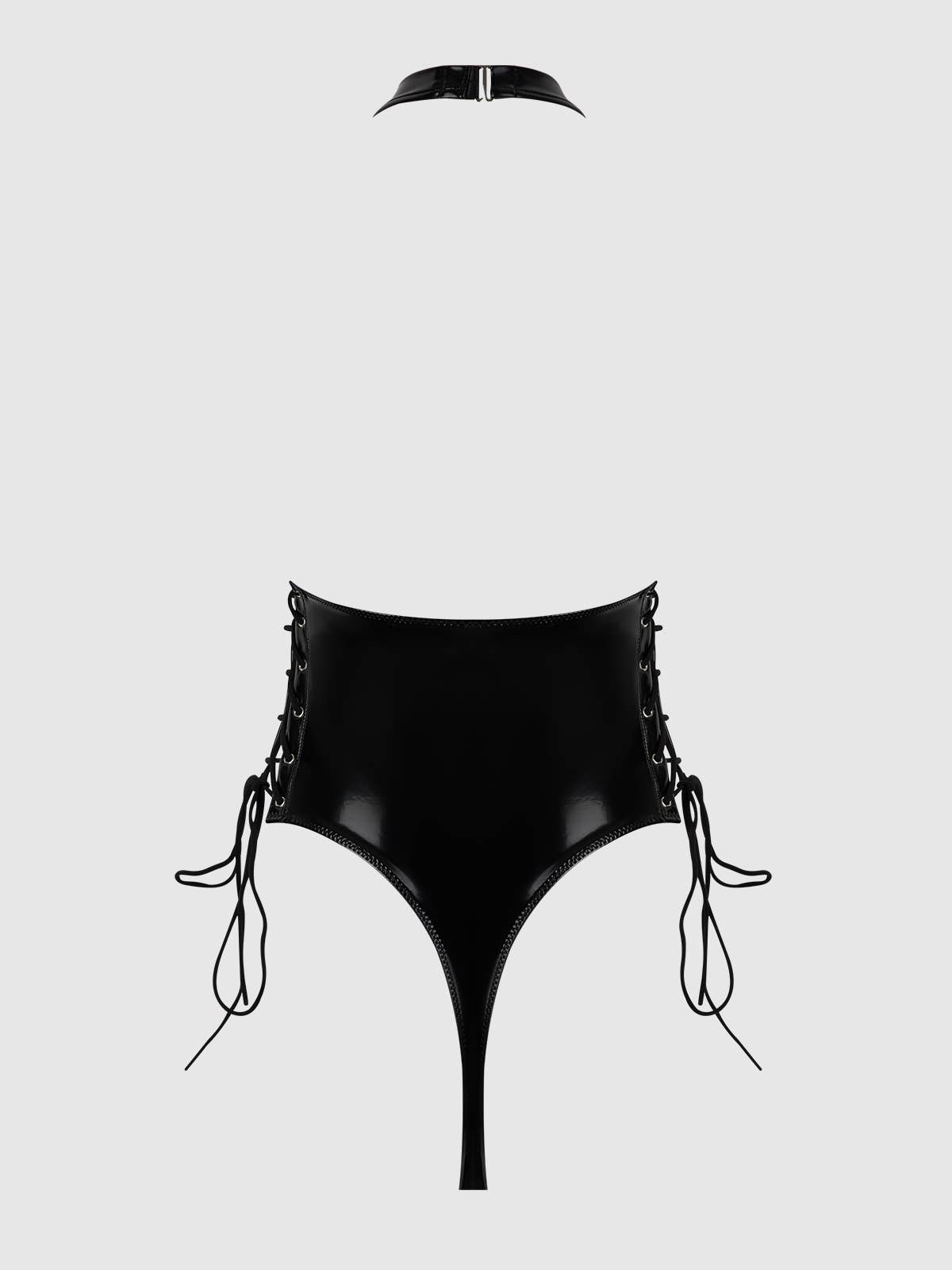 TRINITY PATENT LACE UP HALTER TEDDY: Black / S